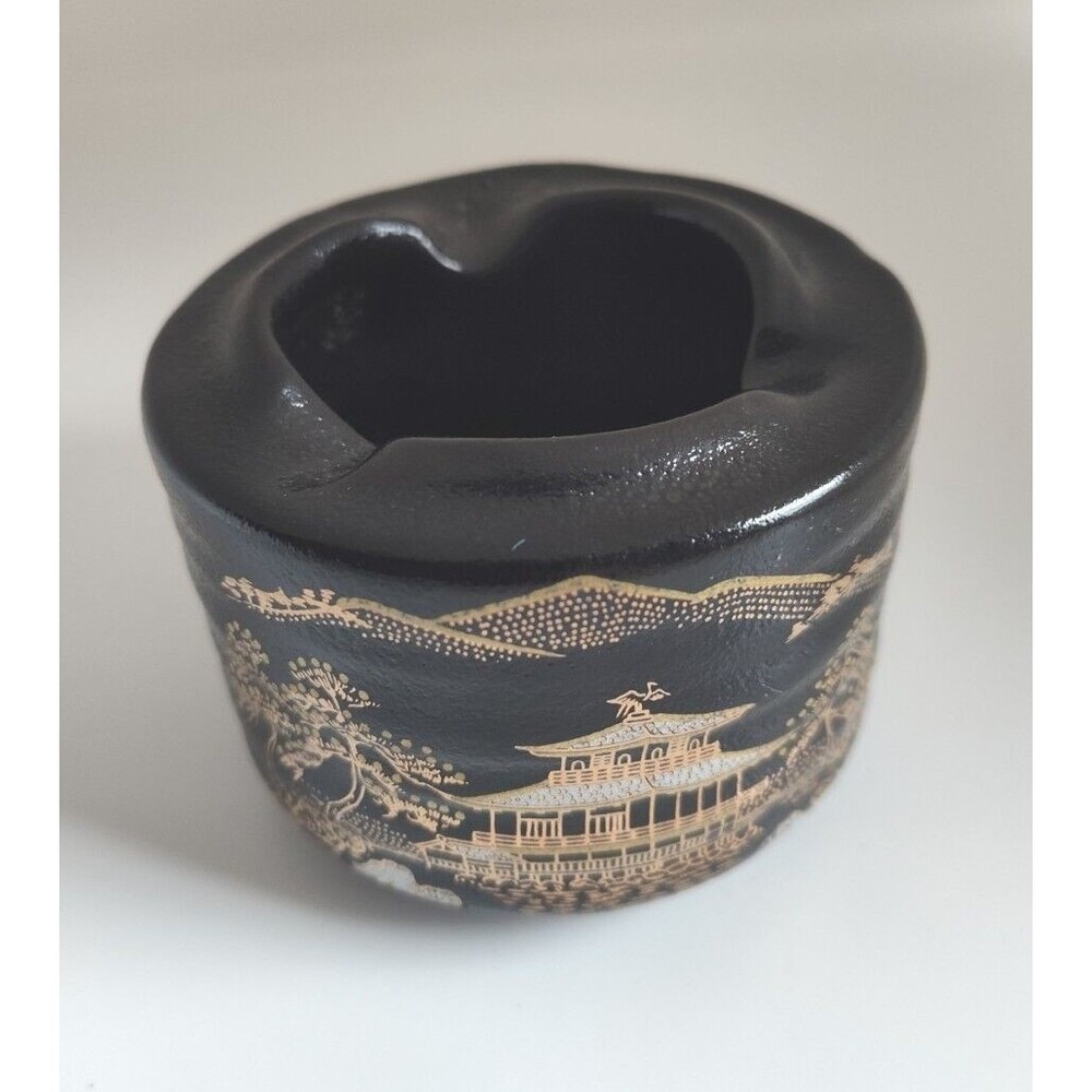 VINTAGE BLACK & GOLD JAPANESE TEMPLE W/ CHERRY BLOSSOM TREES CERAMIC ASHTRAY 3in